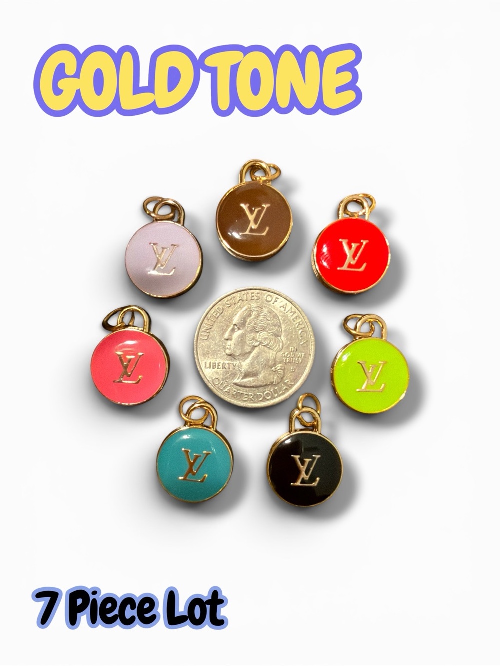 Lot Of 7 Round Gold Tone Zipper Pull Button Charm Pendants